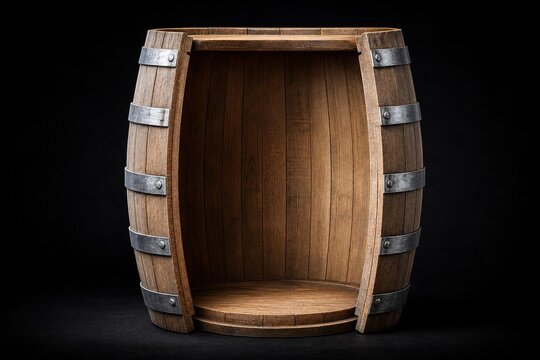 Cross-section of a wooden barrel with metal hoops against a dark background.