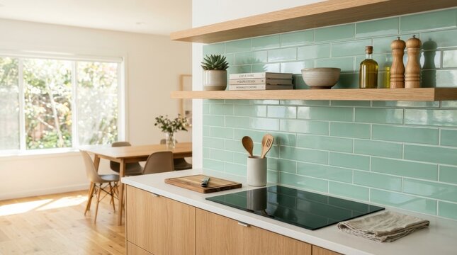 Mint tile backsplash kitchen bright minimal interior design background. Contemporary room with wooden shelves for clean home