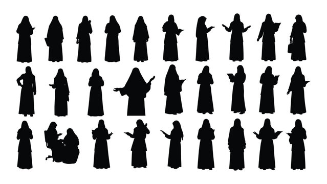 Collection Of Nun Figures In Various Poses Black And White Silhouette nuns religious habit robes cloistered devout spiritual faith vocation
