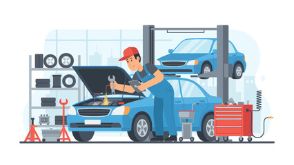 Fototapeta premium Professional Auto Mechanic Performing Routine Maintenance on a Vehicle in a Modern Repair Shop