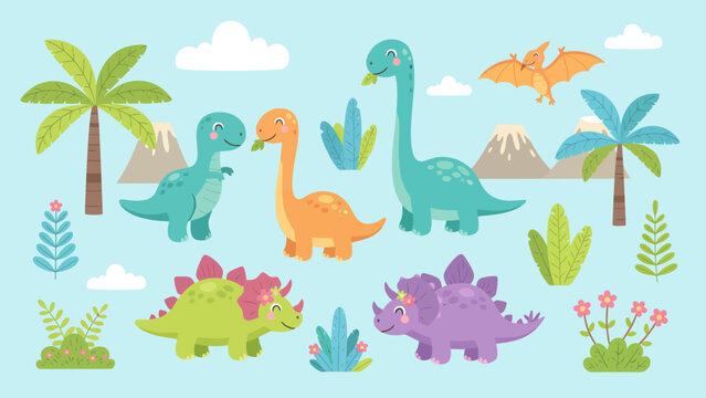 Cute cartoon dinosaurs in a prehistoric tropical landscape