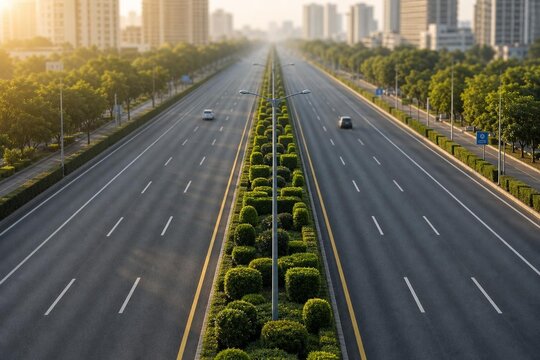Aerial view of a city highway median with green shrubs and receding streetlights.
