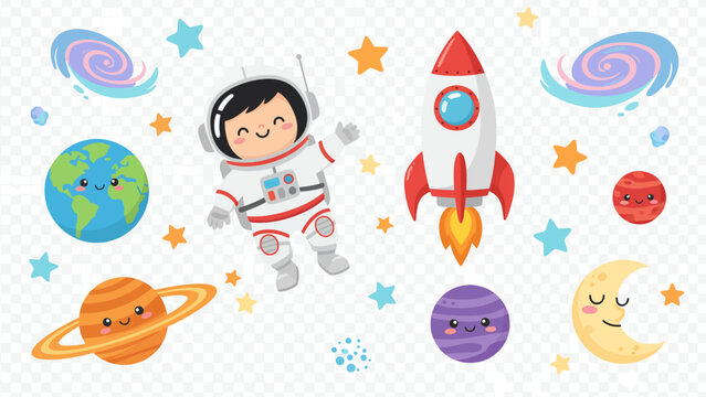 Cute astronaut with planets and rocket ship set in outer space