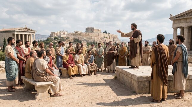 Apostle Paul standing on a stone platform and preaching to a crowd of listeners with the ancient Acropolis of Athens in the background, in a New Testament Biblical scene from the Book of Acts.