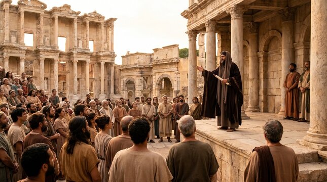 Apostle Paul holding a scroll while preaching to a large crowd of listeners in front of the ancient pillars of Ephesus, in a realistic New Testament Biblical scene from the Book of Acts.