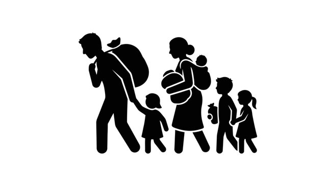 Refugee family walks together while carrying their meager belongings across a desolate landscape in search of safety and a new beginning.