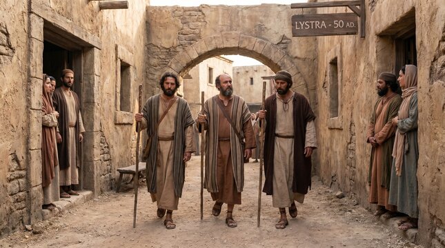 Apostle Paul walking with Barnabas and Silas down a narrow stone street past a sign reading Lystra 50 AD, in a realistic New Testament Biblical scene from the Book of Acts.