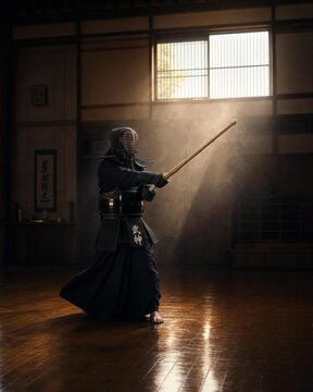 A practitioner in a still pose inside an empty dojo with sunlight.