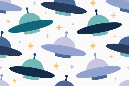 Seamless cartoon pattern of colorful spaceships and tiny star sparkles on a clean off-white background.