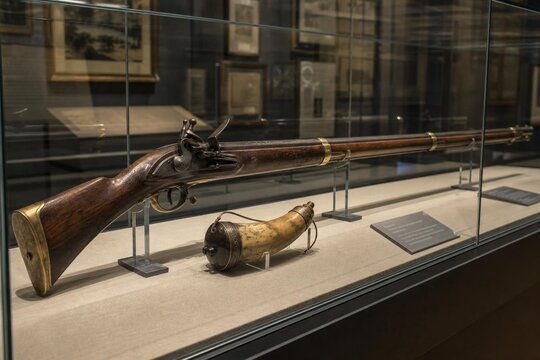 Antique musket displayed in museum case with powder horn accessory under soft gallery lighting.