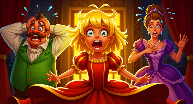 Shocked cartoon little girl and parents expressing extreme surprise. Exaggerated facial expressions and sweat drops in a royal palace. Panic reaction concept for kids storytelling and game apps.