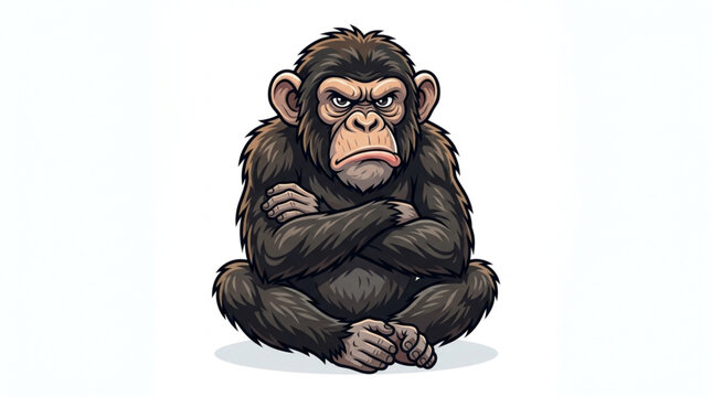 Grumpy chimpanzee sitting with arms crossed vector cartoon character