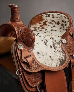Close-up of a handcrafted leather saddle made from distinctive spotted horse hide.