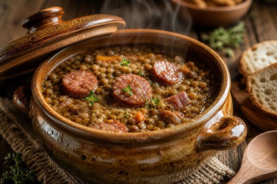 A rustic ceramic pot containing a slow-cooked stew of sausage and lentils.
