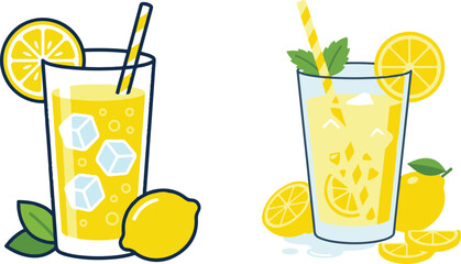 Fresh lemonade drink vector illustration set featuring glasses of lemon juice with sliced lemons, mint leaves, ice cubes, and decorative citrus elements in a clean flat cartoon style. © AI illustration 