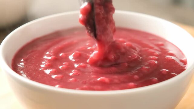 Close-up of red sauce in a bowl, close-up of cranberry jam