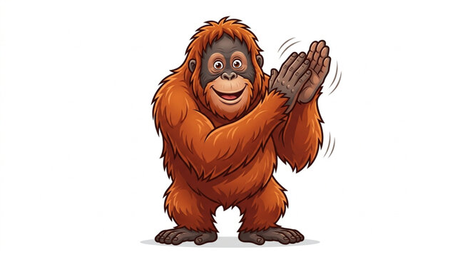 Happy cute orangutan standing and clapping hands vector mascot