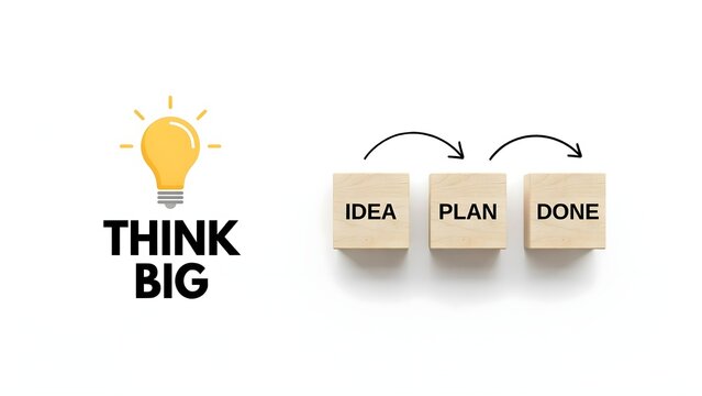 Think big concept with lightbulb icon and wooden blocks showing steps from idea to plan and done, isolated on white background