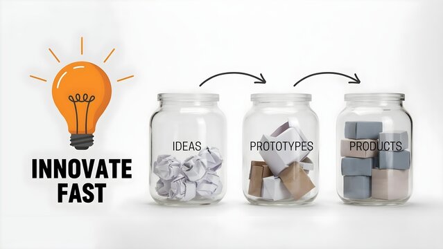 Innovation process concept with light bulb icon and glass jars containing paper balls, prototypes, and finished products isolated on white background