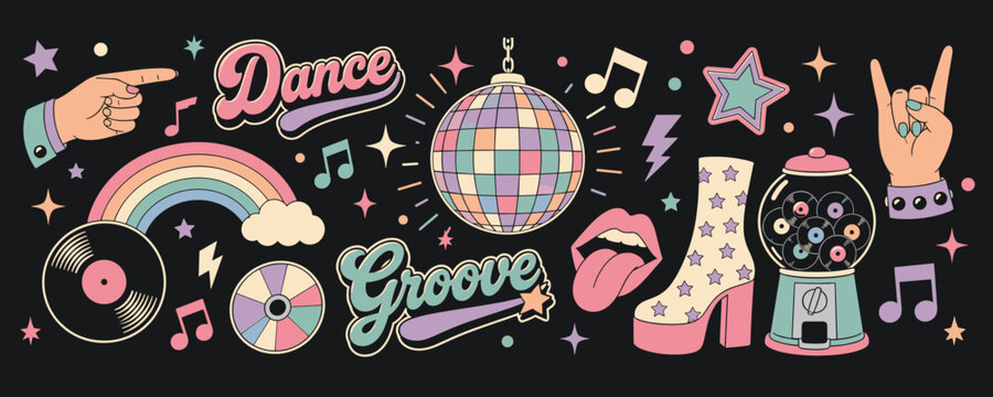 Retro disco party elements with rainbow, vinyl records, and groovy vibes