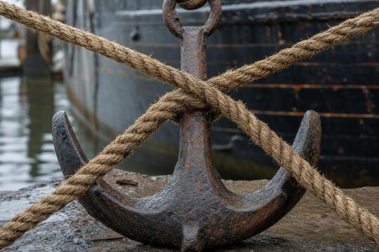 Two thick, weathered hemp ropes crossed, securing a rusted ship's anchor.