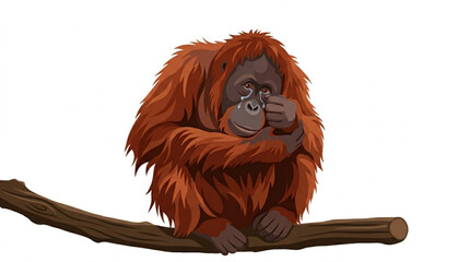 Sad crying orangutan sitting on a tree branch vector illustration isolated on white background © Lapak orang bejo