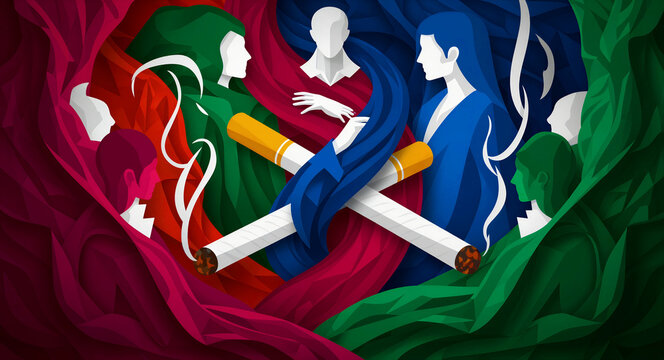Abstract illustration of people with large crossed cigarettes and smoke. Stylized silhouettes show the social impact of tobacco use. Addiction and health concept, ideal for public awareness ads.