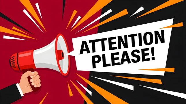 Hand Holding Megaphone with Attention Please Announcement on Comic Background