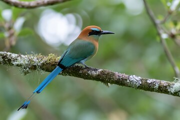 Obraz premium The Colorful Bird Perched On Mossy Branch In Tropical Rainforest