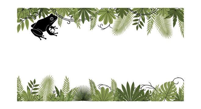 Silhouette Frog Leaping in Lush Tropical Jungle Canopy Border with Green Foliage