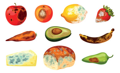 Fototapeta premium Set of expired products in cartoon style.Vector illustration of spoiled products with mold: apple, peach, lemon, strawberry, carrot, avocado, banana, cheese, bread,pepper isolated on white background.