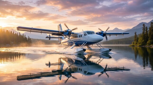 Seaplane Landing on Crystal Blue Lake at Sunrise
