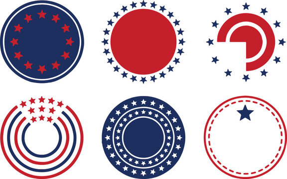 Circular badge designs and patriotic stamp frames with american flag stars and stripes elements for branding and seal graphics collection set.