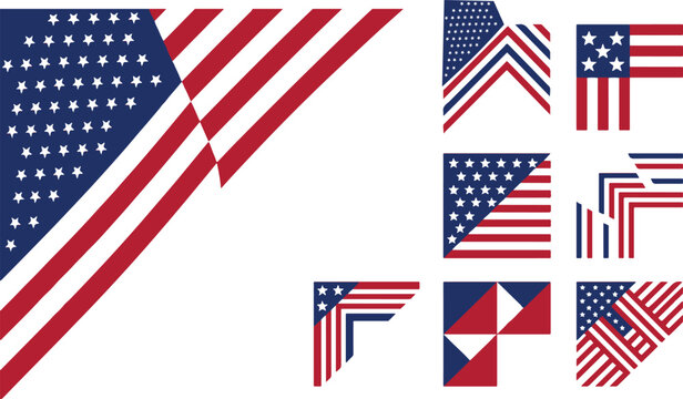 Patriotic corner border designs with american flag patterns and stars for graphic layouts and page frames collection set isolated on transparent.