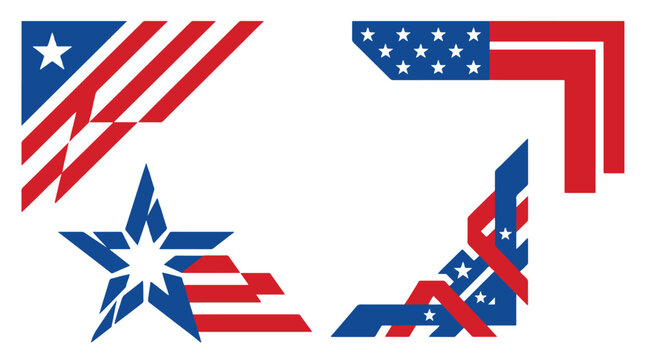 Unique corner design frames and patriotic star emblem with red and blue stripes for modern graphic document layout and branding elements set.