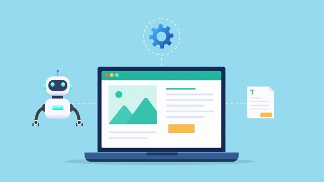 Modern flat vector animation featuring an AI assistant beside a laptop dashboard with analytics, documents, and workflow elements. Ideal for automation, technology, productivity, and digital business 
