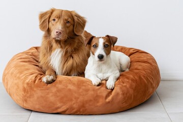 Fototapeta premium The Cozy Round Dog Bed with Two Adorable Dogs Resting