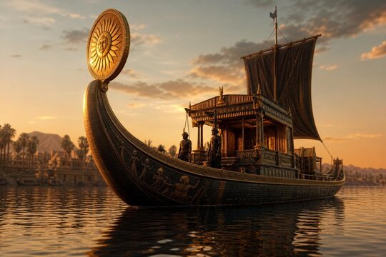 A majestic Nile barge with a gilded sun disk prow sailing at dusk on calm waters.