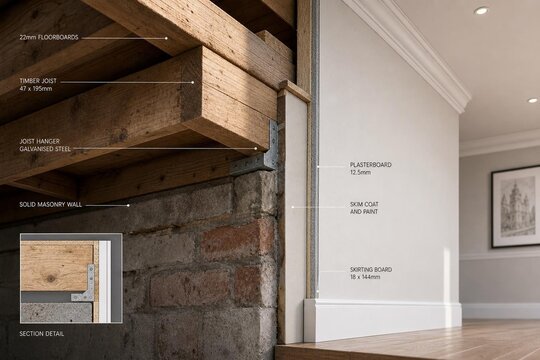 Architectural detail of exposed wooden joists against a plasterboard wall.