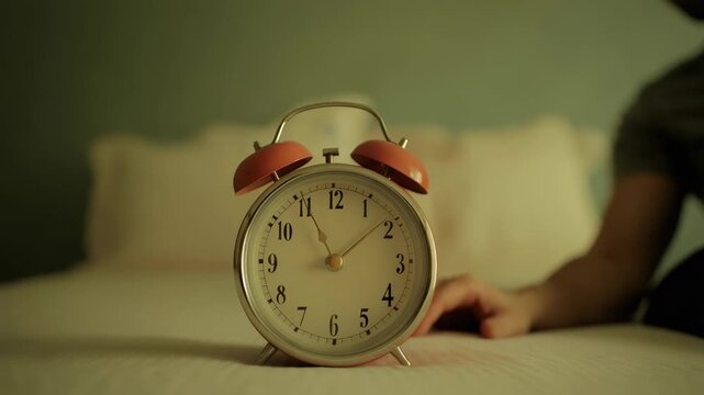 Retro alarm clock showing 6,55 am on bedside table with hand reaching to turn it off, blurry pillows and blanket in the background, early morning wake up concept