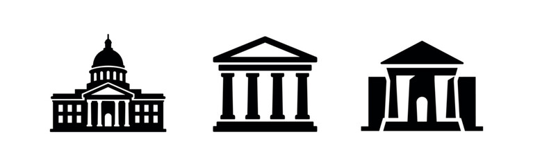 Fototapeta premium Set of three governmental and institutional building silhouettes, featuring a capitol dome and classical columns.