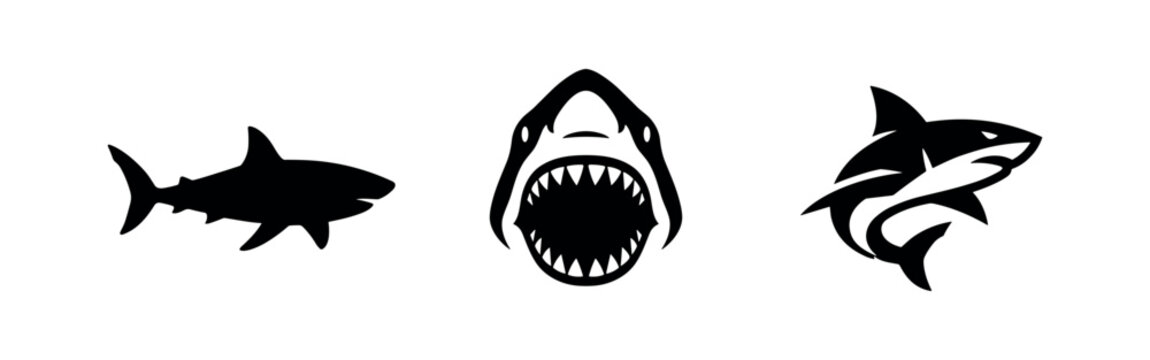 Set of three shark silhouettes in various poses, including an aggressive open mouth, symbolizing power and danger.