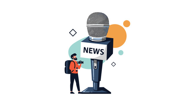 Professional news microphone icon with a small reporter silhouette representing journalism, mass media, and live broadcasting services.