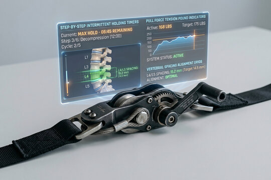 Medical spinal traction belt coupler mechanism with holographic intermittent decompression timers and vertebral spacing alignment grids