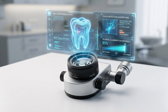 Microscope lens head device with futuristic holographic dental structure view