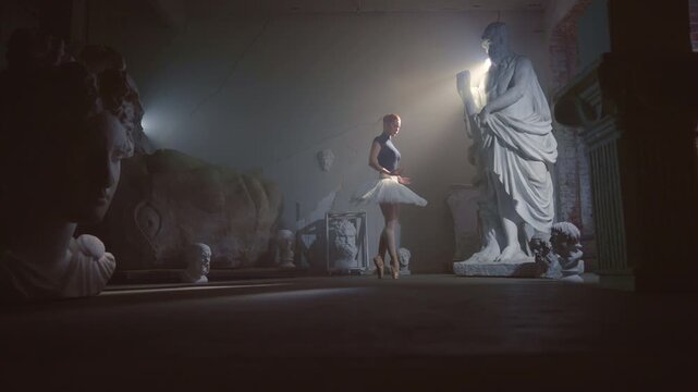 Ballet performance in theatre, professional ballerina showing classical choreography, dancing in dark museum. Vertical portrait of beautiful female dancer on stage, young woman expressing emotions