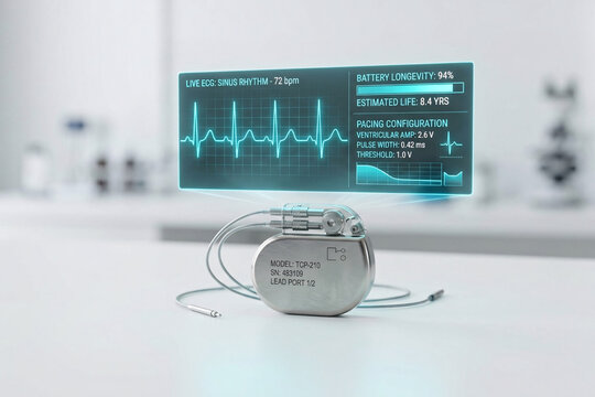 Implantable cardiac pacemaker device with futuristic holographic heart rhythm monitor