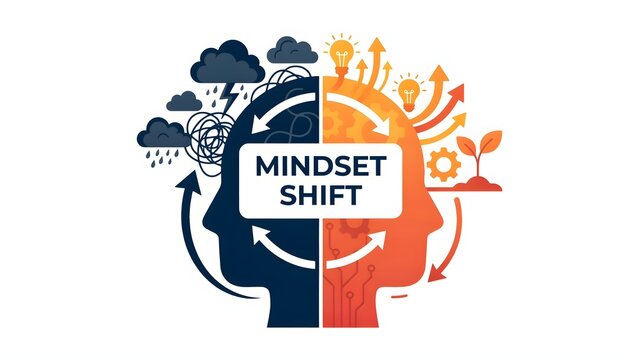 Mindset shift concept illustration, human head silhouette with dark chaotic thoughts transforming into bright creative ideas, growth mindset and mental transformation vector