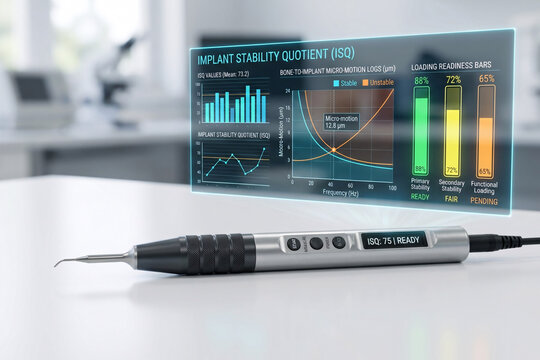 Dental implant stability pen tool with holographic ISQ quotient metrics graphs