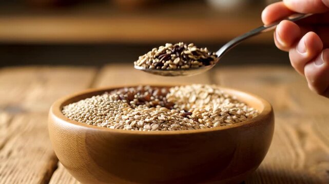 Use a spoon to scoop out grains in a bowl, and use a wooden bowl to scoop out grains
